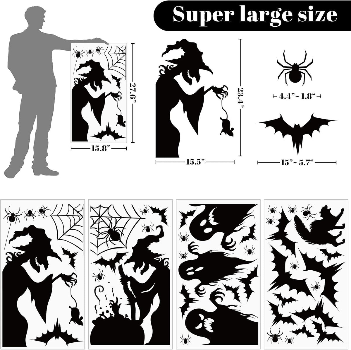 44pcs Halloween Window Clings – Spooky Witch & Bat Stickers