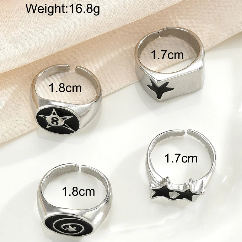 Black Star Rings Set – 4-Piece Y2K Punk Geometric Jewelry