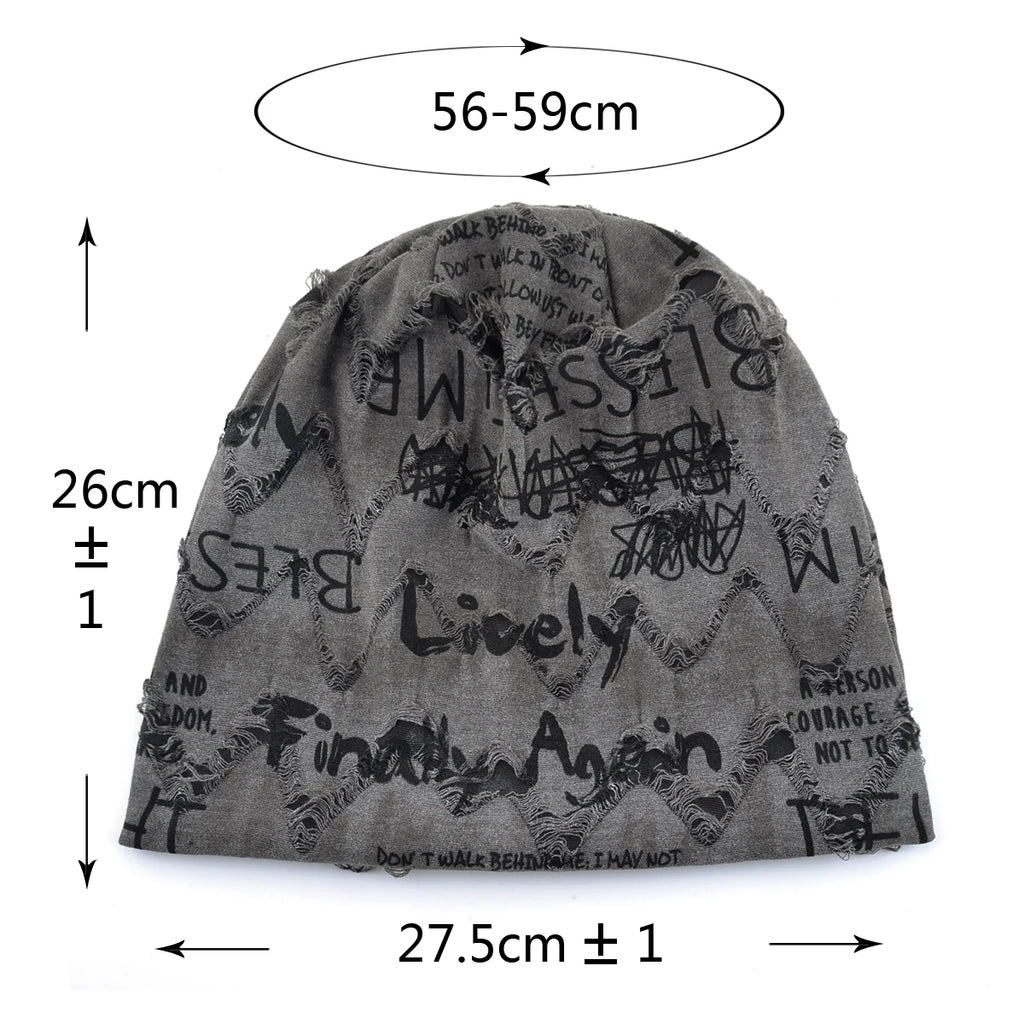 Distressed Letter Print Beanie – Vintage Unisex Fleece-Lined Hat