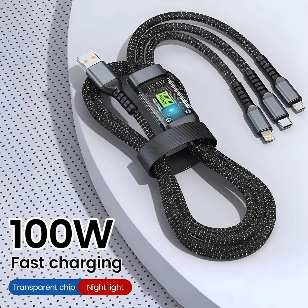 3-in-1 100W Fast Charging Cable with Multi-Connector Design