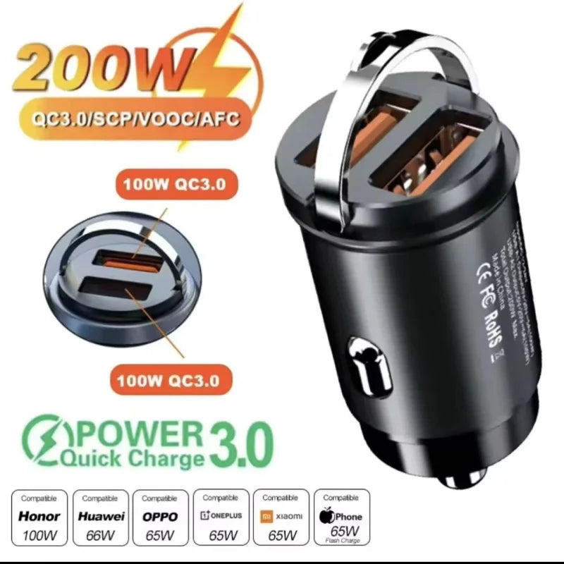200W Mini USB-C Car Charger with PD Fast Charging
