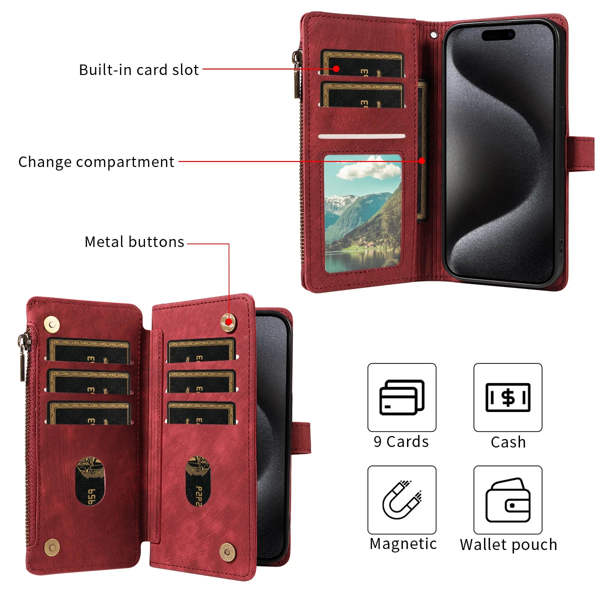 PU Leather Wallet Phone Case with Magnetic Closure & Card Storage