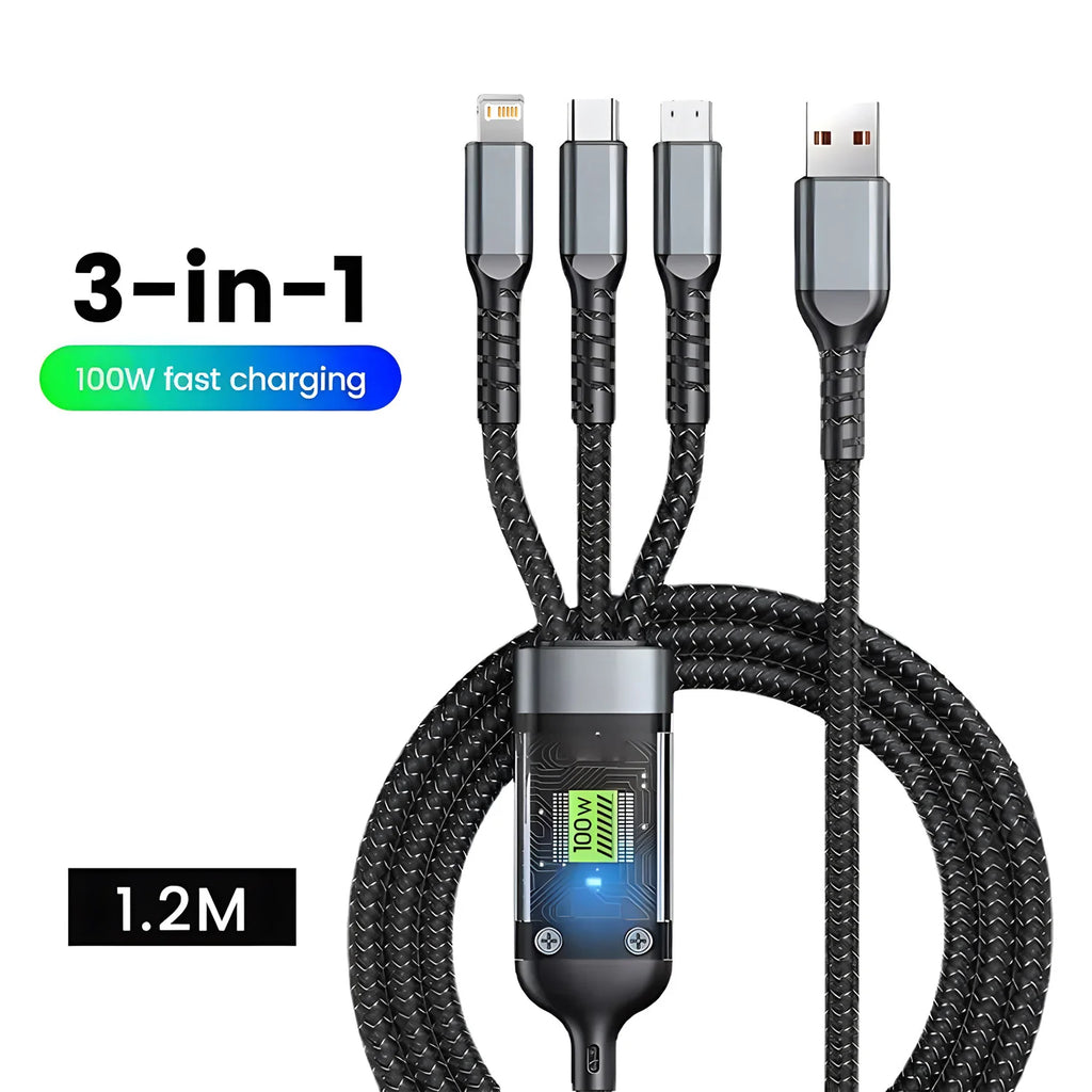 3-in-1 100W Fast Charging Cable with Multi-Connector Design
