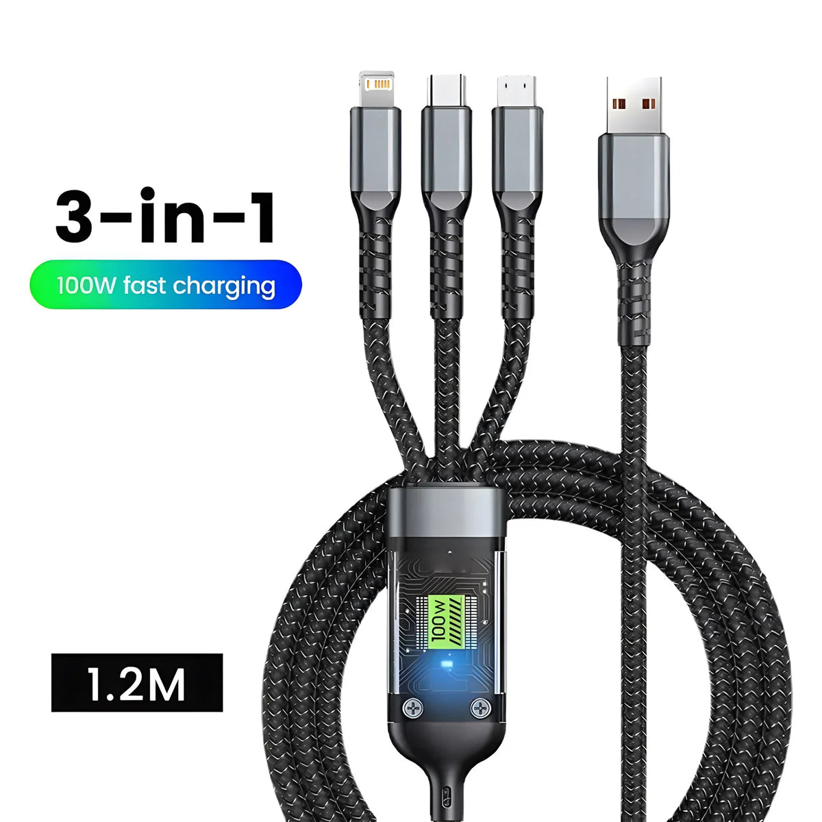 3-in-1 100W Fast Charging Cable with Multi-Connector Design