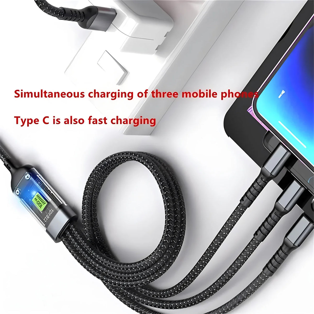 3-in-1 100W Fast Charging Cable with Multi-Connector Design