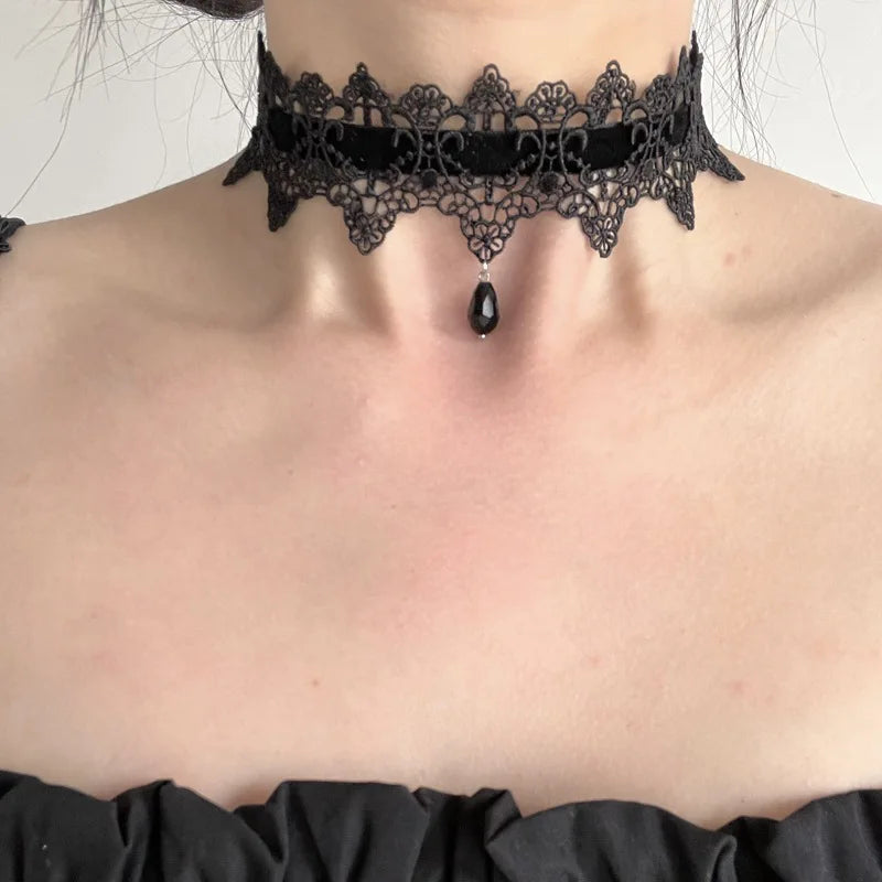 Gothic Choker Necklace Black Lace Flower Velvet Collar