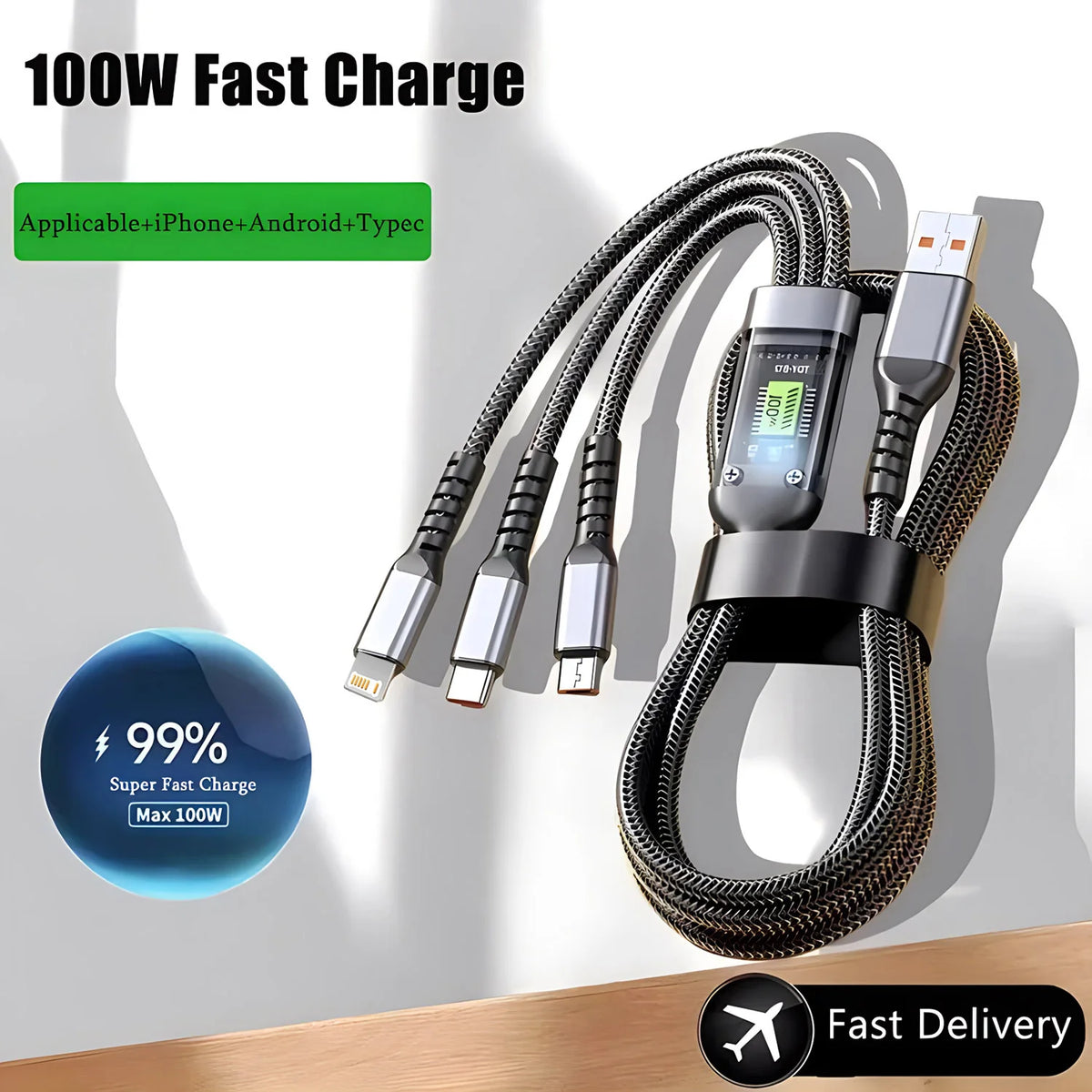 3-in-1 100W Fast Charging Cable with Multi-Connector Design