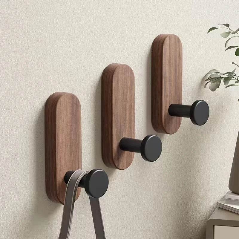 Walnut Wood Mounted Self Adhesive Wall Hooks for Hanging Coat Towel Clothes Blanket Hat Backpack Coat Keychain Entrance