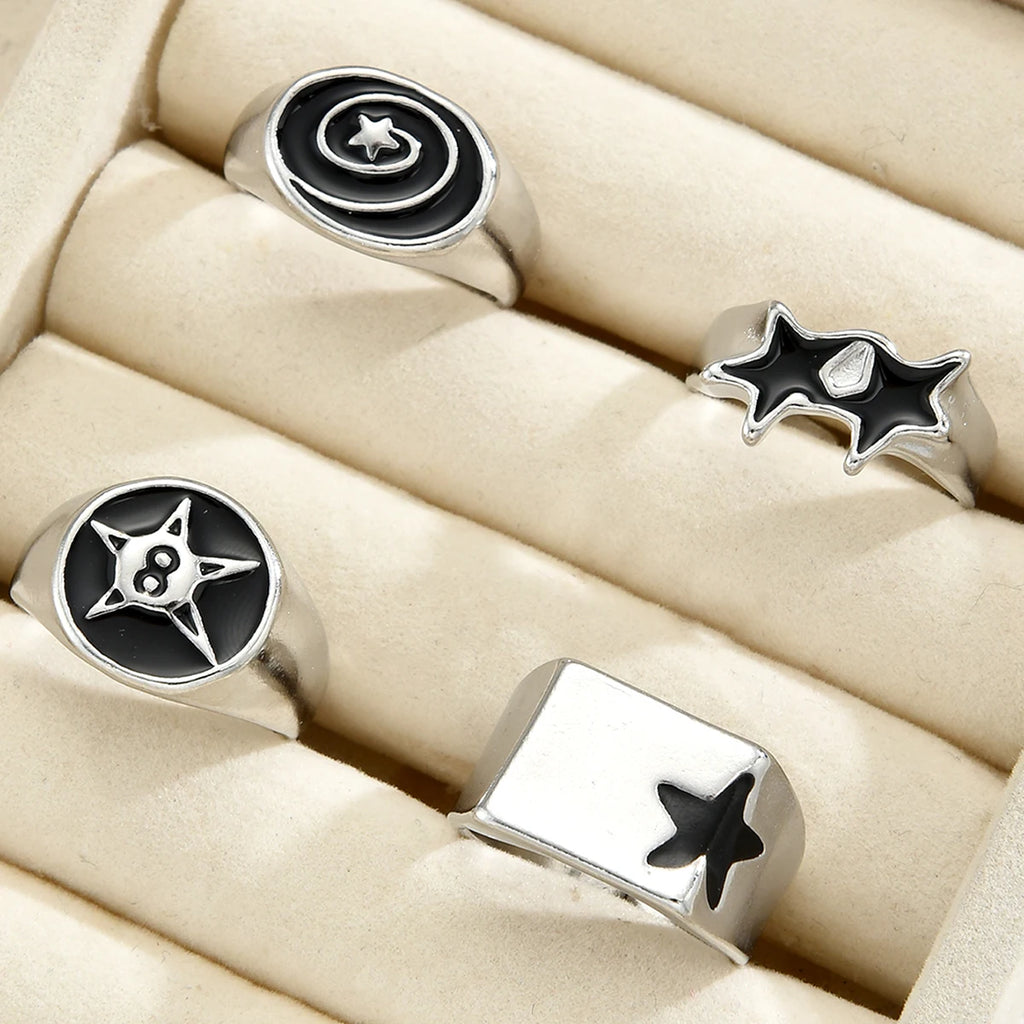 Black Star Rings Set – 4-Piece Y2K Punk Geometric Jewelry