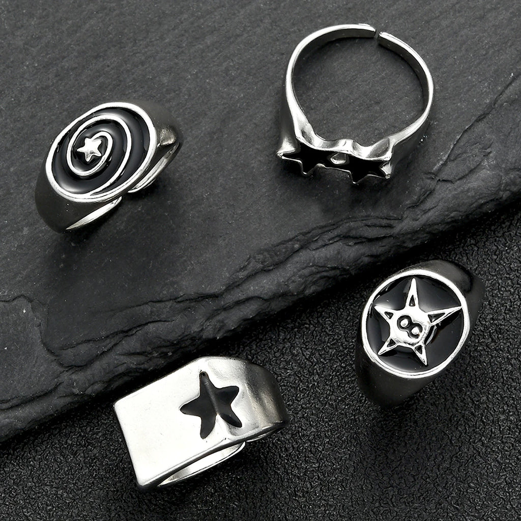 Black Star Rings Set – 4-Piece Y2K Punk Geometric Jewelry